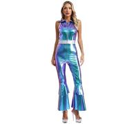 Xnihocha 70s Outfits for Women Disco Dance Costume Sleeveless Metallic Jumpsuit Prom Party Adult Fancy Dress Blue L