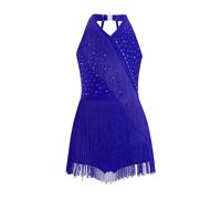 Xnihocha Big Girls Sleeveless Latin Jazz Dance Dress Halter Tassel Leotards Ballroom Tango Performance Costume Blue 15-16 Years