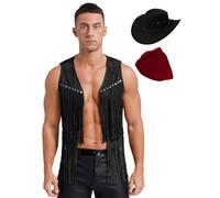 Xnihocha Cowboy Outfit Men Western Cowboy Costume Faux Suede Tassel Jacket Vest Hat And Bandanna 3-piece Set Black M