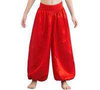 Xnihocha Girls Belly Dance Harem Pants Satin Bloomers Tribal Arabic Princess Wide Leg Pants Palazzo Trousers Red 13-14 Years