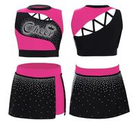 Xnihocha Girls Cheerleading Costume Sparkly Dance Outfit 2-Piece Sleeveless Crop Top with Side Slit Skirt Set Hot Pink 13-14 Years