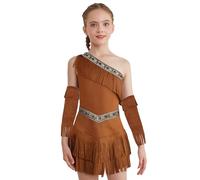 Xnihocha Girls Fringe Suede Native American Dress up One Shoulder Halloween Cosplay Costume Brown 9-10 Years