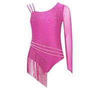 Xnihocha Girls Lyrical Dance Costume Sparkly Asymmetric Tassel Skirt Ballet Leotards Latin Ballroom Dancewear Hot Pink A 13-14 Years