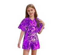 Xnihocha Girls Sequin Jumpsuit Kids Cap Sleeve Short Sparkly Romper Disco Outfits One Piece Pants Suits Purple 5-6 Years