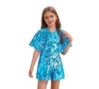 Xnihocha Girls Sequin Jumpsuit Kids Cap Sleeve Short Sparkly Romper Disco Outfits One Piece Pants Suits Light Blue 9-10 Years