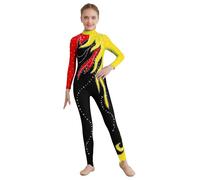 Xnihocha Girls Shiny Diamond Rhythmic Gymnastics Leotard Long Sleeve Dance Unitard Full Body Skating Jumpsuit Catsuit Red&Yellow 9-10 Years