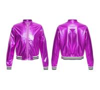 Xnihocha Girls Shiny Metallic Jackets Kids Jazz Hip Hop Modern Dance Tops Zipper Bomber Jacket Coat Outerwear Purple 5-6 Years