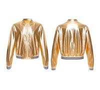 Xnihocha Girls Shiny Metallic Jackets Kids Jazz Hip Hop Modern Dance Tops Zipper Bomber Jacket Coat Outerwear Gold 9-10 Years