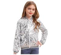 Xnihocha Girls Sparkly Sequin Bomber Jacket Long Sleeve Zip Up Outwear Coat Kids Glitter Party Dance Tops Silver A 9-10 Years