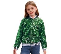 Xnihocha Girls Sparkly Sequin Bomber Jacket Long Sleeve Zip Up Outwear Coat Kids Glitter Party Dance Tops Green A 13-14 Years