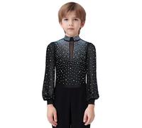 Xnihocha Kids Boys Sparkle Rhinestones Figure Ice Skating Leotard Shirts Latin Jazz Tango Dance Bodysuit Ballroom Outfit Black 13-14 Years