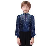 Xnihocha Kids Boys Sparkle Rhinestones Figure Ice Skating Leotard Shirts Latin Jazz Tango Dance Bodysuit Ballroom Outfit Navy Blue 9-10 Years