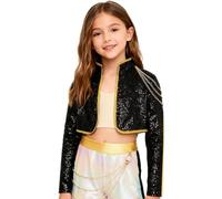 Xnihocha Kids Girl Popular Singers Stage Jacket Mock Neck Open Front Sequin Dance Top for Ages 4-16 Music Concert Outfits Black 7-8 Years