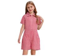 Xnihocha Kids Girls Casual Gingham Check Dress Jumpsuit One Piece School Uniform Playsuit Summer Wide Leg Shorty Rompers Red 7-8 Years