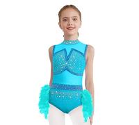 Xnihocha Kids Girls Sequins Feather Skirted Leotard Dress Modern Latin Jazz Ballet Dancewear Dance Performance Costume Blue Green 11-12 Years