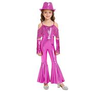 Xnihocha Kids Girls Shiny Metallic Adjustable Straps Tassels Jumpsuit with Hat Gloves 70s 80s Hippie Disco Party Outfit Hot Pink 7-8 Years