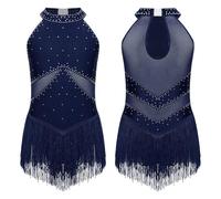 Xnihocha Kids Girls Sparkly Fringed Latin Dance Dress Tassel Gymnastics Leotard Bodysuit Modern Dance Costume Navy Blue 15-16 Years