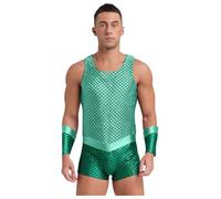 Xnihocha Men Atlantis King Costume Fish Scales Sea God Cosplay Bodysuit With Arm Sleeves For Halloween Party Mint Green S