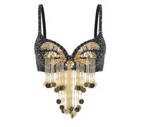 Xnihocha Sequin Beaded Latin Belly Dance Bra Top Women Dance Costume Party Club Tassels Bustier Underwired Black One Size
