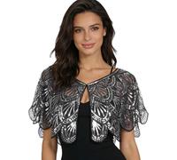 Xnihocha Women 1920s Sequin Shawl Wraps Sparkly Cropped Cardigan Bolero Shrug Evening Cape Flapper Cover Up Black Silver One Size