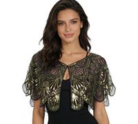 Xnihocha Women 1920s Sequin Shawl Wraps Sparkly Cropped Cardigan Bolero Shrug Evening Cape Flapper Cover Up Black Gold One Size