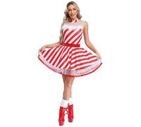 Xnihocha Women Christmas Candy Cane Costume Xmas Party Dress Sleeveless Sequin Stripe Ballet Dance Tutu Dress Red M