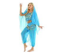 Xnihocha Women Girl 4PCS Belly Dance Costume Indian Arabian Dance Performance Outfits Halloween Rave Dancewear Lake Blue One Size