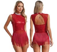 Xnihocha Women Sleeveless Fringed Latin Dance Dress Sequins Tassels Leotards Athletic Bodysuit Dance Tops Burgundy S
