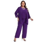 Xnihocha Women's 3 Pieces Dress Suit Chiffon Plus Size Mother of The Bride Trouser Suits Wedding Party Cocktail Outfits Purple XXL