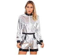 Xnihocha Women's Astronaut Costume Space Suit Pilot Jumpsuit Spacewoman Halloween Cosplay Outfits Silver S