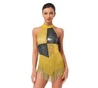Xnihocha Womens Color Block Shiny Sequined Tassel Dance Leotard Sleeveless Fringed Latin Tango Salsa Jazz Bodysuit Gold L
