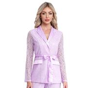 Xnihocha Women's Floral Lace Tie Waist Jacket Long Sleeve Belted Blazer for Office Evening Lavender L