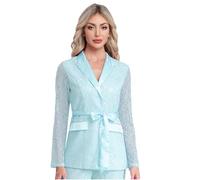 Xnihocha Women's Floral Lace Tie Waist Jacket Long Sleeve Belted Blazer for Office Evening Sky Blue M