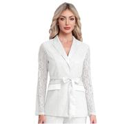 Xnihocha Women's Floral Lace Tie Waist Jacket Long Sleeve Belted Blazer for Office Evening White S