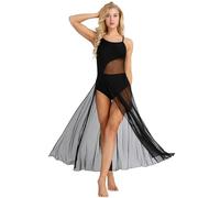 Xnihocha Women's Lyrical Ballet Dance Leotard Dress Spaghetti Strap Sleeveless Mesh Maxi Modern Dancewear Black M