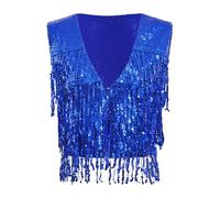 Xnihocha Women's Sequin Fringe Vest Glitter Tassel Sleeveless Open Front Waistcoat Causal Party Dance Clubwear Royal Blue XL