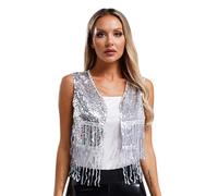 Xnihocha Womens Sequin Vest Glitter Tassel Jacket Sparkle Fringed Waistcoat Jazz Dance Performance Costume Silver Small