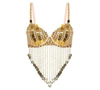 Xnihocha Women's Sequined Latin Belly Dance Bra Top Tassels Bustier Underwired Club Rave Party Dance Costume Gold One Size