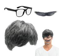 XNIVUIS 3 Pcs Grandpa Wig Set Mens Wig Fake Beard Black Glasses Grandpa Costume Old Man Fancy Dress Gray Wigs for Halloween Carnival Party Cosplay (3 Pcs)