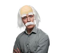XNIVUIS 3Pcs Grandpa Costume Set - Wig, Baldy Man, Semi Bald, Scientist, Crazy Professor, Mustache, Fake Eyebrows for Halloween Carnival Party Role Play