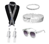 XNIVUIS 5 Pieces 70s Disco Accessories Black Sequin Scarf Necklace Bling Sunglasses Ear Accessories Headband Bracelet,1970s Disco Fancy Dress for Women Disco Party Retro 70 80 Theme Party (5 PCS)