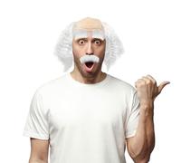 XNIVUIS Grandpa Wig Set - Costume Wig with Mustache, Eyebrows, Old Man Style - White, Curly, Bald - Scientist, Crazy Professor - Man Fancy Dress Wig for Halloween, Carnival, Party