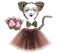 XNIVUIS Leopard Costume Set Leopard Face Art Aticker,Leopard Hair Band,Bow Tie,Tail,Gloves,Tutu Skirt,Cat Costume For Masquerade Decoration Accessories Jungle Party Christmas (Brown)