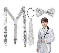 XNIVUIS Men's and Women's Sequin Suspenders Womens Glitter Sequins Suspender Elastic Y-Shape Adjustable Braces, Men's Braces and Bow Tie Set Sequin Costume Accessories Party Carnival (Silver)