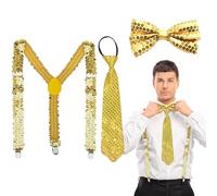 XNIVUIS Men's and Women's Sequin Suspenders Womens Glitter Sequins Suspender Elastic Y-Shape Adjustable Braces, Men's Braces and Bow Tie Set Sequin Costume Accessories Party Carnival (Gold) (Gold)