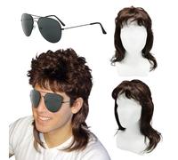 XNIVUIS Men's Brown Curly Mullet Wig, 70s 80s Cosplay Costume, Long Blonde Wigs for Hippie Rocking Theme Party (2 Pcs)