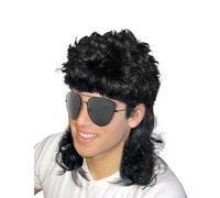 XNIVUIS Mens Wig - 80s Long Curly Mullet Wig, Black Rocker Punk, Halloween Cosplay Party (2 Pcs)