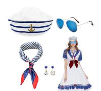 XNIVUIS Nautical Costume For Women,Captain Sailor Costume Set Sailor Hat Navy Yacht Hat Sunglasses Scarf Ear Accessories,Sailor Costume Accessory for Halloween Bachelorette Party Favors (4 PCS)