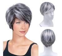 XNIVUIS Short Fluffy Grey Wigs for Women Old Middle Age Women's Short Silver Wig, Synthetic short Curly Cosplay Hair Wig, Grey Layered Messy Shaggy Synthetic Hair wig for Women Old Lady (1 Pcs)