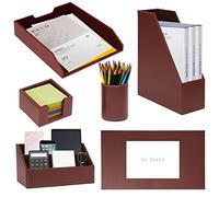 XNONE Office Supplies PU Leather 6-Piece Desk Organizer with Writing Pad, Letter Tray, File Folder Sorter, Pen Cup, Note Holder, Business Card Holder - Brown